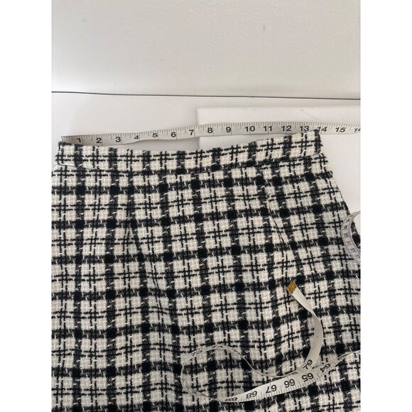 Preppy Tweed Plaid Skirt Large Mini Black & White Checkered Fringe Hem Classic - Picture 10 of 14